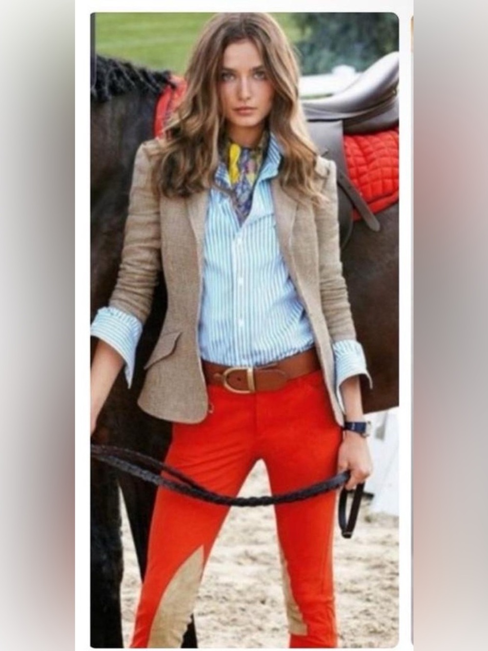 Ralph Lauren Orange Riding Pants Tan Suede Knee Patches Button Leg - 6